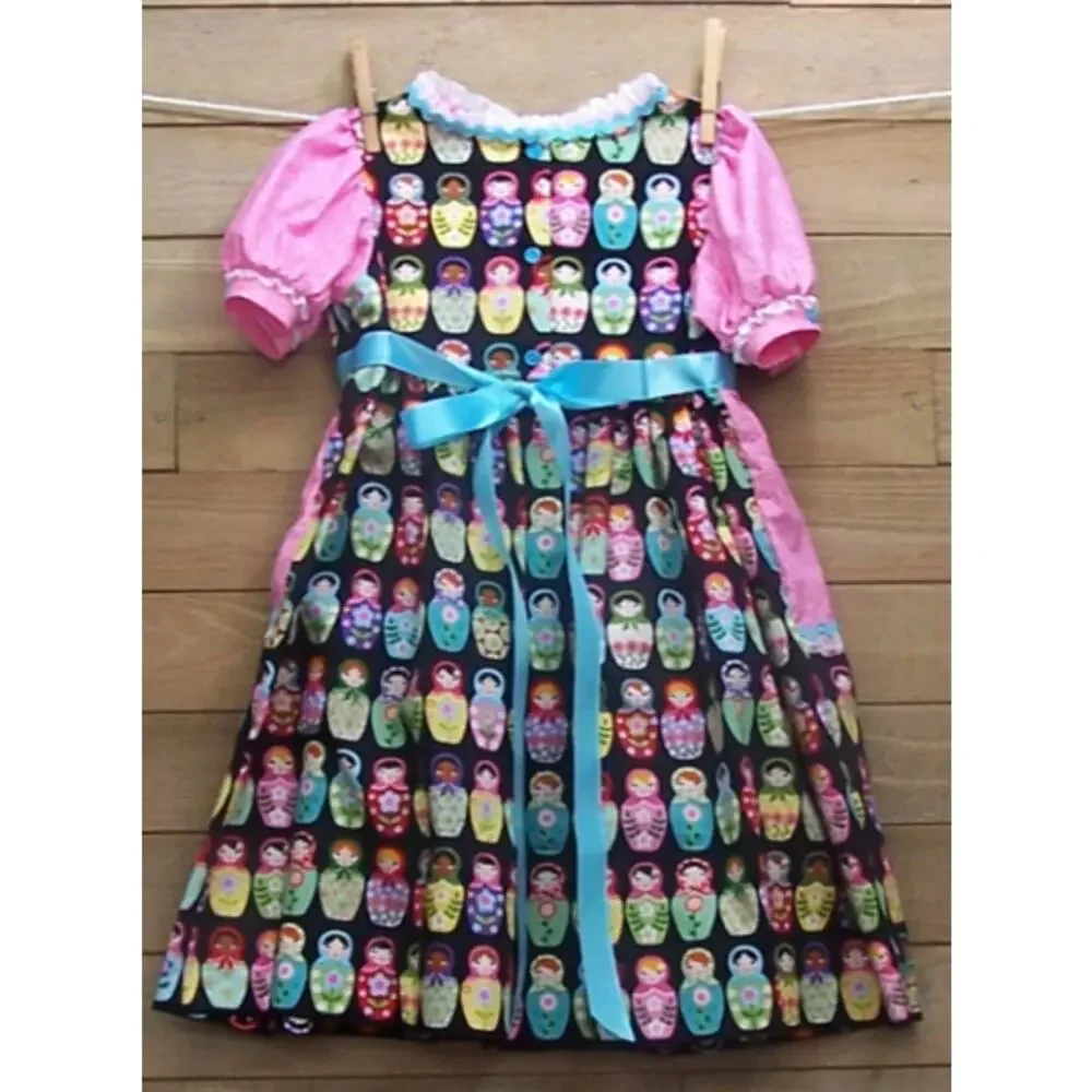 Girls Pink 1950s Style Cotton Dress Babushka Fabric Print Size 5